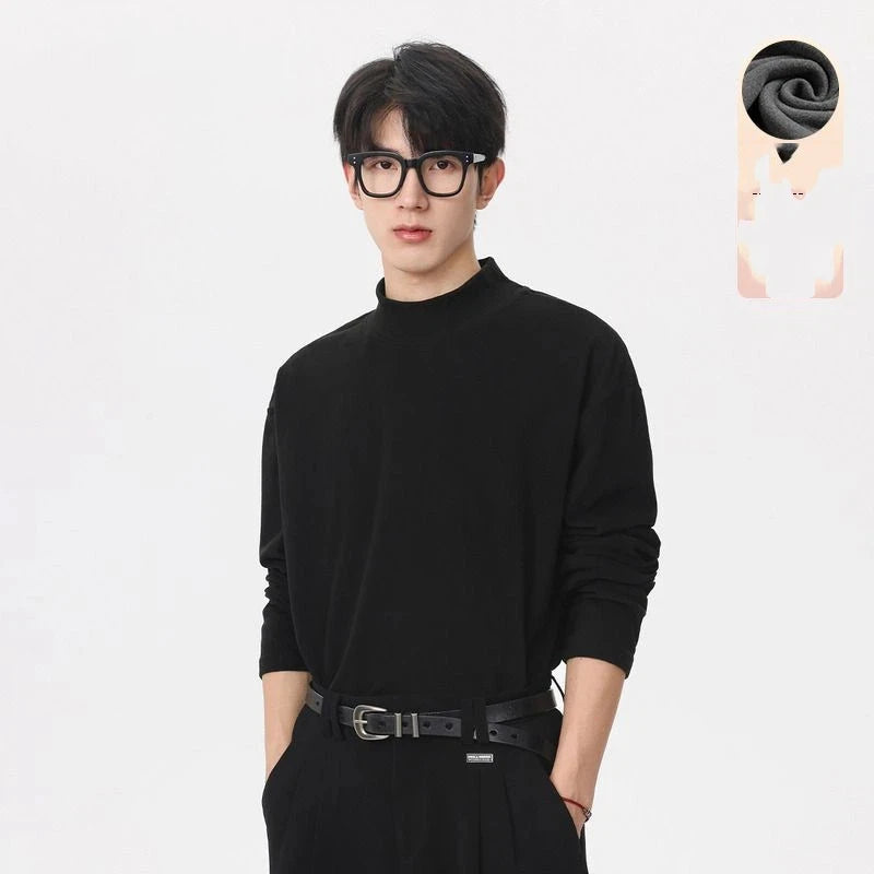 Autumn and Winter Solid Color Double-sided Brushed Half Turtleneck Thermal Bottoming Shirt Long-sleeved T-shirt Men's Casual Top