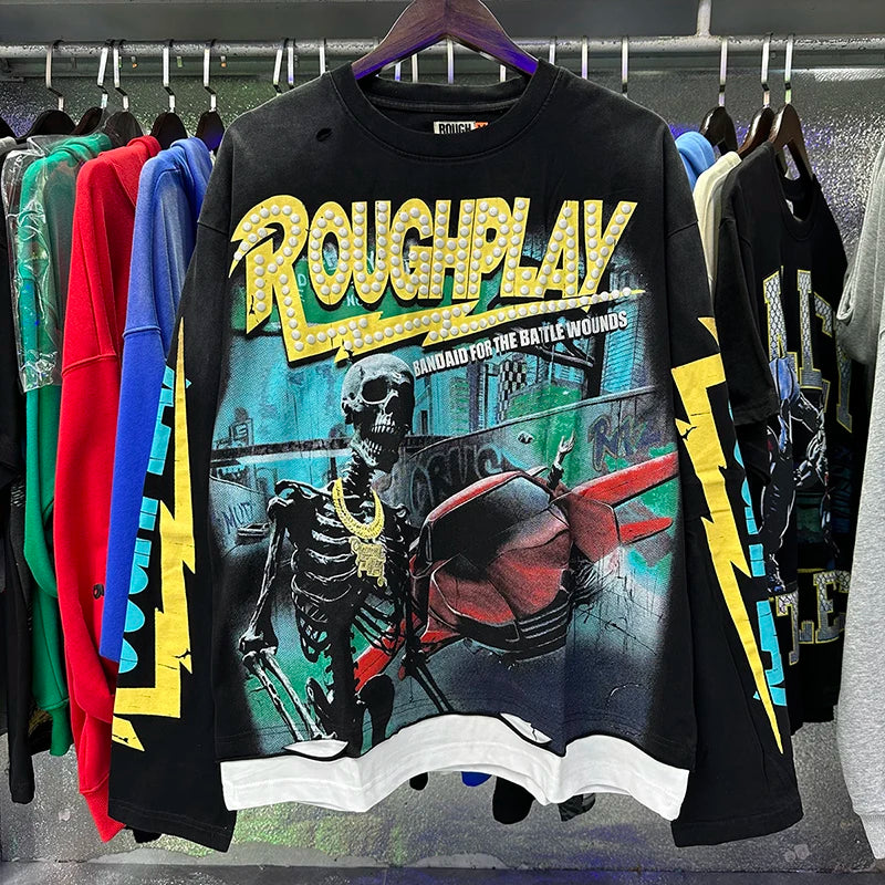 Roughplay Long-sleeved T-shirt Classic Y2K Helicopter Pilot Skull Print Washed Black Cotton T-shirt Tops Men Women Trendy New