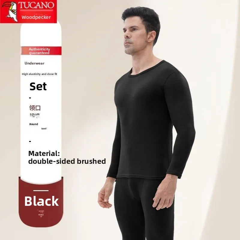Woodpecker Autumn and Winter Double-sided Velvet Inner Warm Suit Men's Slim-fitting Bottoming Skin-friendly Warm Pajamas Man