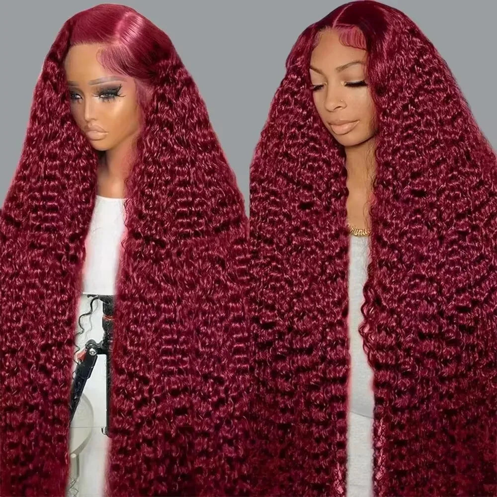 220% Density Deep Wave 99J Burgundy 13x6 Lace Frontal Wigs Brazilian Human Hair Water Curly Red Colored 13x4 Lace Frontal Wigs