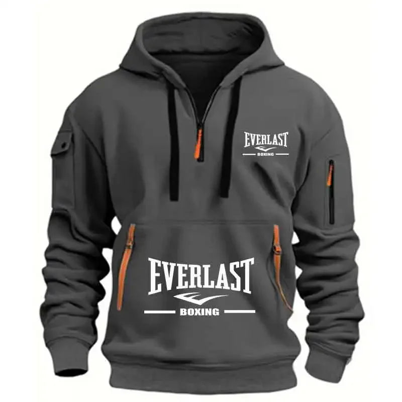Men's Fashion Casual Hoodie Multi-pocket Sports Long-sleeve Sweatshirt Up Down Print Warm Half Zip Hooded Fitness Pullover Good