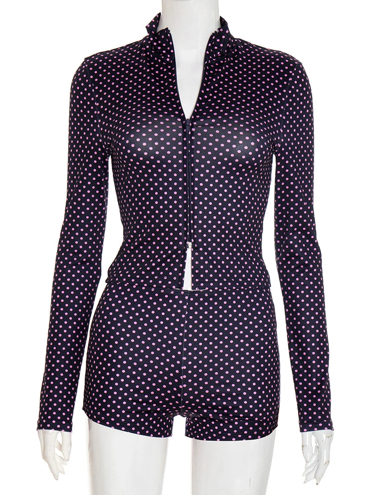 Cutenew Tracksuit Polka Dot Print 2 Piece Set Women Zip Crop Jacket+Shorts Matching Street Elastic Casual Fall Trend Outfits