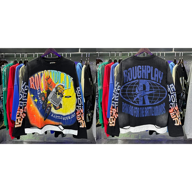 Roughplay Long-sleeved T-shirt Classic Y2K Helicopter Pilot Skull Print Washed Black Cotton T-shirt Tops Men Women Trendy New