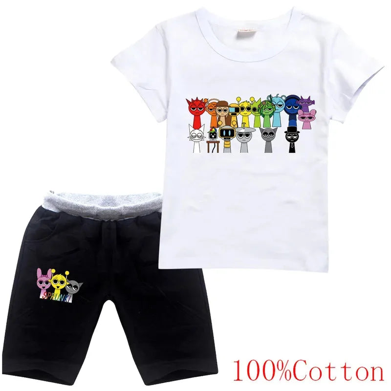 Cute Sprunki Clothes Sets 2025 Summer Kids Cartoon T-shirts Shorts Two-piece Set Baby Boys Tracksuit Girls Outfits