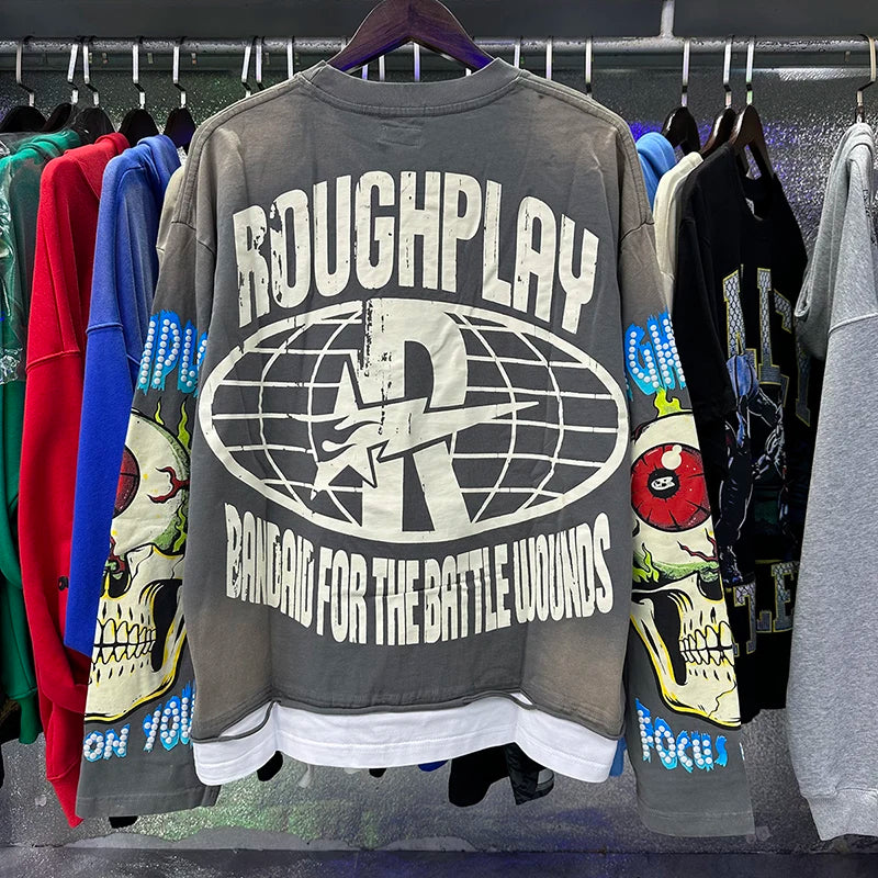 Roughplay Long-sleeved T-shirt Classic Y2K Helicopter Pilot Skull Print Washed Black Cotton T-shirt Tops Men Women Trendy New