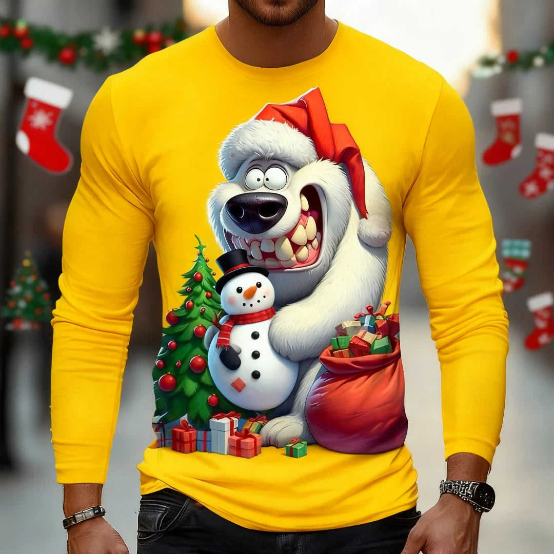Funny White Bear Graphic T Shirt For Men Christmas Style Men's Long Sleeve Tee Spring Autumn Casual T-shirt Trend Men's Clothing