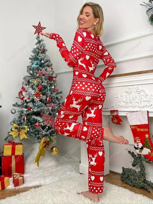 Christmas Themed Women's Lounge Jumpsuit, Striped Color-Blocking Pattern Design - Cozy Long Sleeve V Neck Sleepwear for Fall & W
