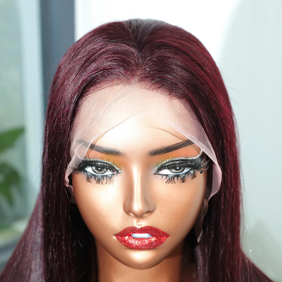 99J Vietnamese 100% Human Hair Lace Front Wigs Bone Straight Dark Red 13x6 Big Lace Frontal Wig Original Double Drawn Wig 250%