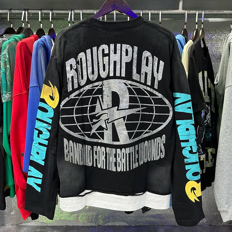 Roughplay Long-sleeved T-shirt Classic Y2K Helicopter Pilot Skull Print Washed Black Cotton T-shirt Tops Men Women Trendy New