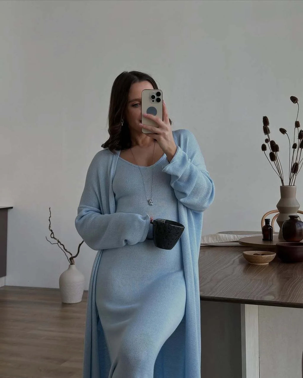 Hirsionsan Soft Loose Sets Women Two Pieces Long Sleeve Cardigan & Vest Dresses Elegant Female Hollow Outfits Cotton Tracksuit
