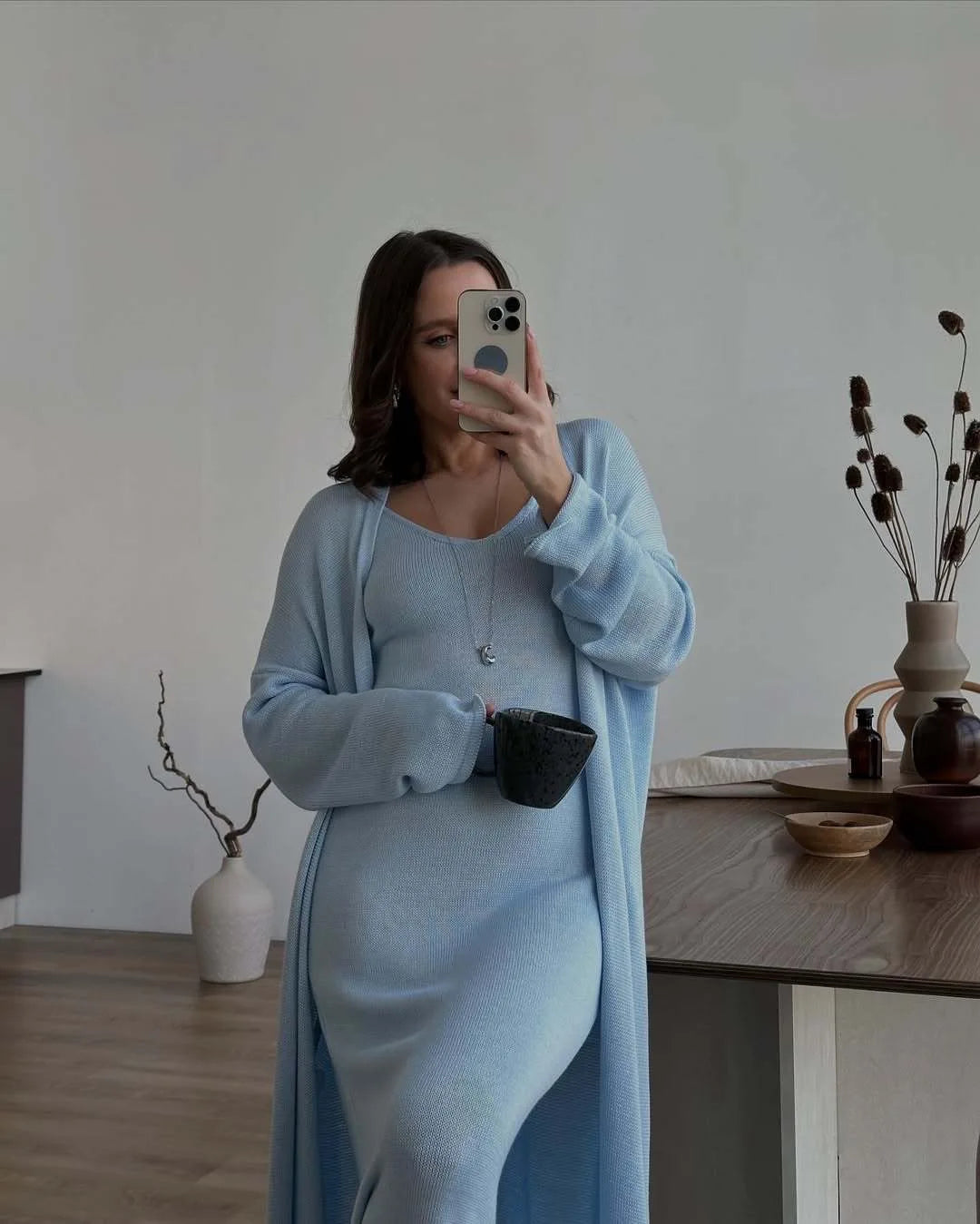 Hirsionsan Soft Loose Sets Women Two Pieces Long Sleeve Cardigan & Vest Dresses Elegant Female Hollow Outfits Cotton Tracksuit