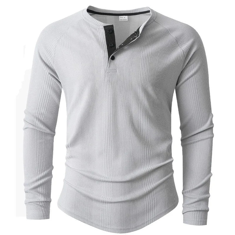 New Round Neck Long Sleeve Henley Bottoming Shirt T-shirt Vertical Stripe Men's POLO Shirt