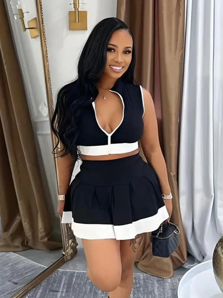 Leosoxs 2025 Women Sporty 2 Piece Sets Patchwork Zip-Up Vest+Pleated Skirt Matched Tracksuits Holiday Street Beach Outfits S-XXL