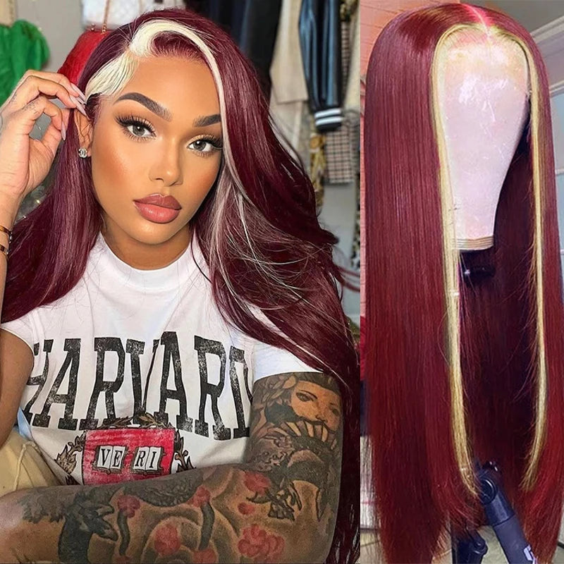 99J/613 Colored Highlight 13x4 Hd Transparent Straight  Lace Front Wigs Omber Blonde With Burgundy Red Human Hair Wigs Brazilian