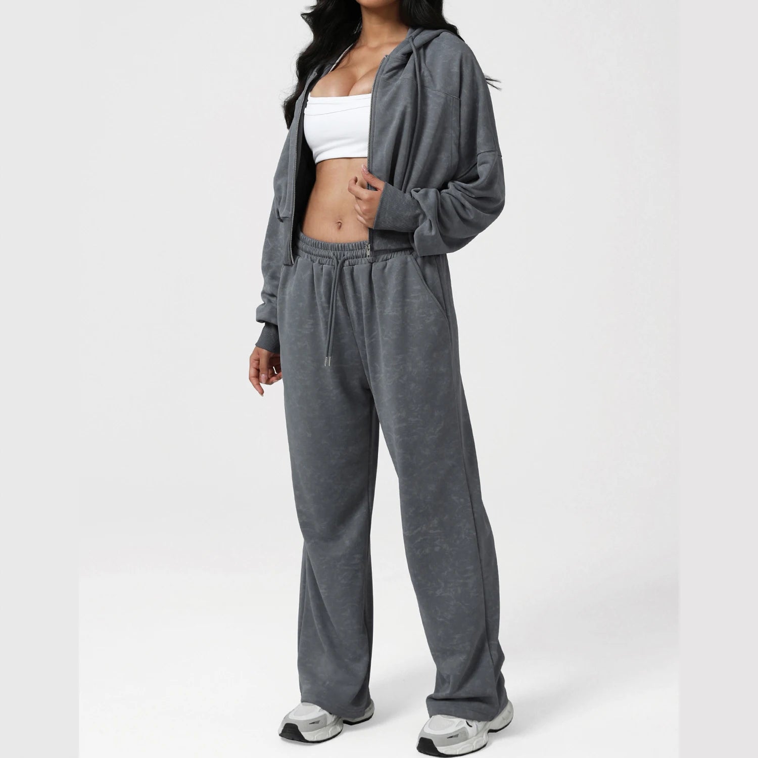 Autumn Winter Tie Dye Workout Fitness Sports Tracksuits Tie Dye Long Sleeve Hooded Jacked High Waist Wide Leg Pants Running Suit