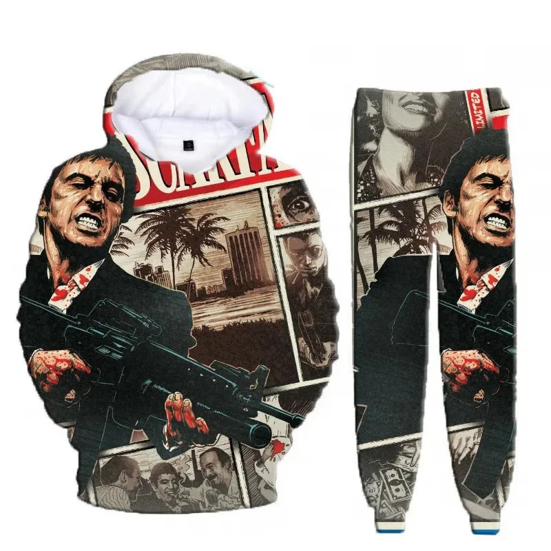Hot Sales Classic Movie Scarface Tony Montana 3D Print Hoodie Suit Men Sweatshirts Sweatpants Casual Two Piece Tracksuit Set