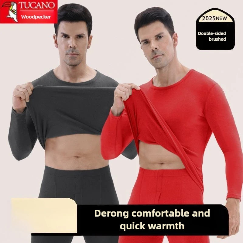 Woodpecker Autumn and Winter Double-sided Velvet Inner Warm Suit Men's Slim-fitting Bottoming Skin-friendly Warm Pajamas Man