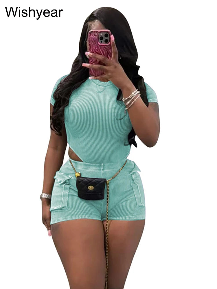 Summer Short Sleeve Bodysuits Top and Pockets Biker Shorts Solid Ribbed Stretch Two 2 Piece Set Women Fitness Tracksuit Clubwear