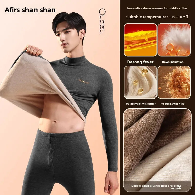 Velvet Thermal Underwear Men's Down Silk Suit Autumn Winter Velvet Thickened High Neck Long Johns Men Snow Peak Warm Pajamas