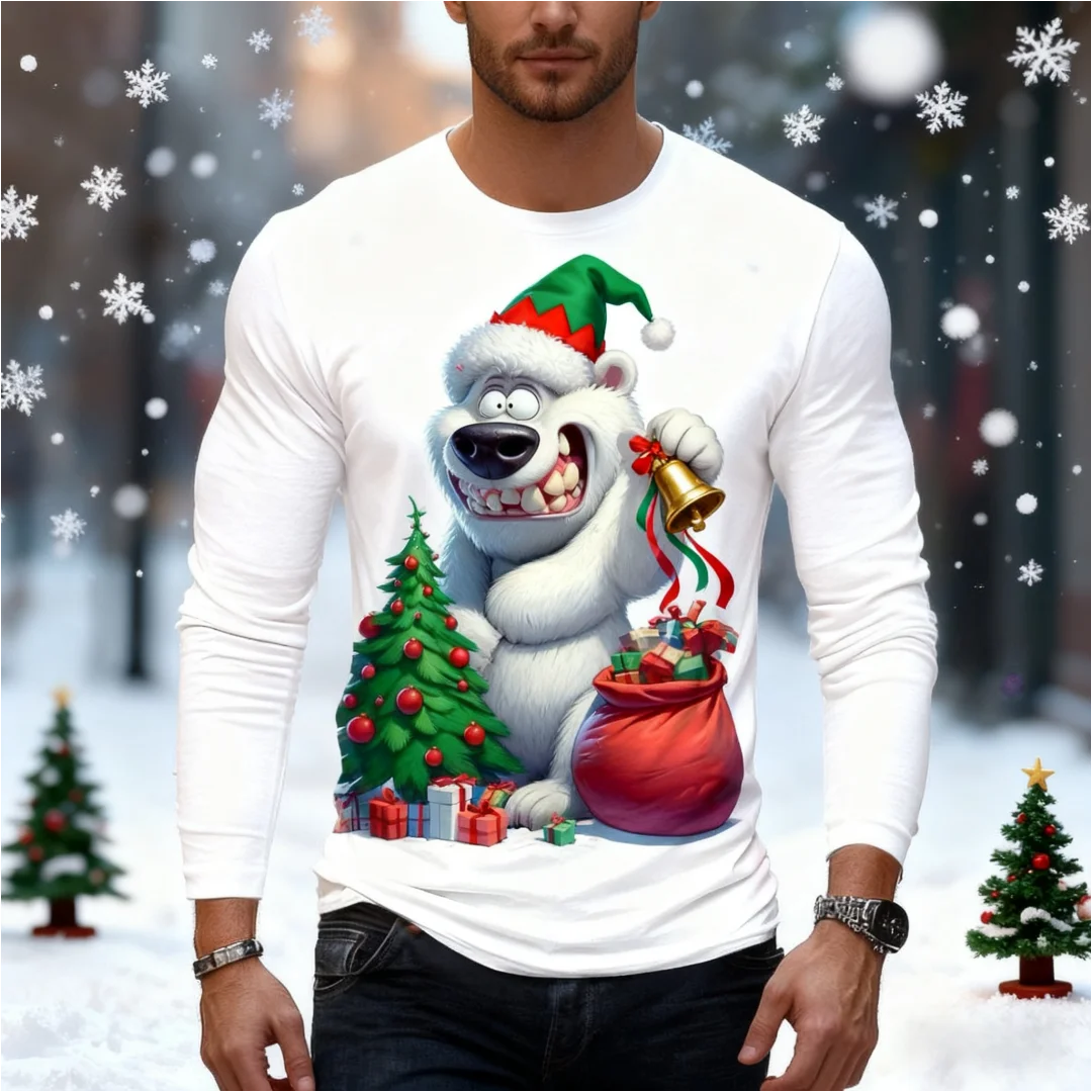 Funny White Bear Graphic T Shirt For Men Christmas Style Men's Long Sleeve Tee Spring Autumn Casual T-shirt Trend Men's Clothing