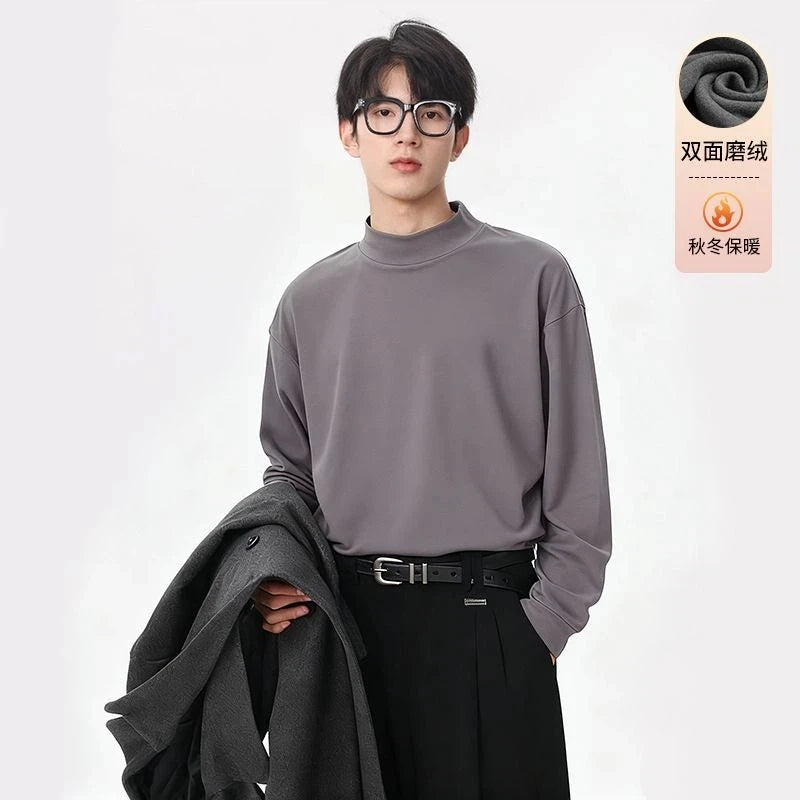 Autumn and Winter Solid Color Double-sided Brushed Half Turtleneck Thermal Bottoming Shirt Long-sleeved T-shirt Men's Casual Top
