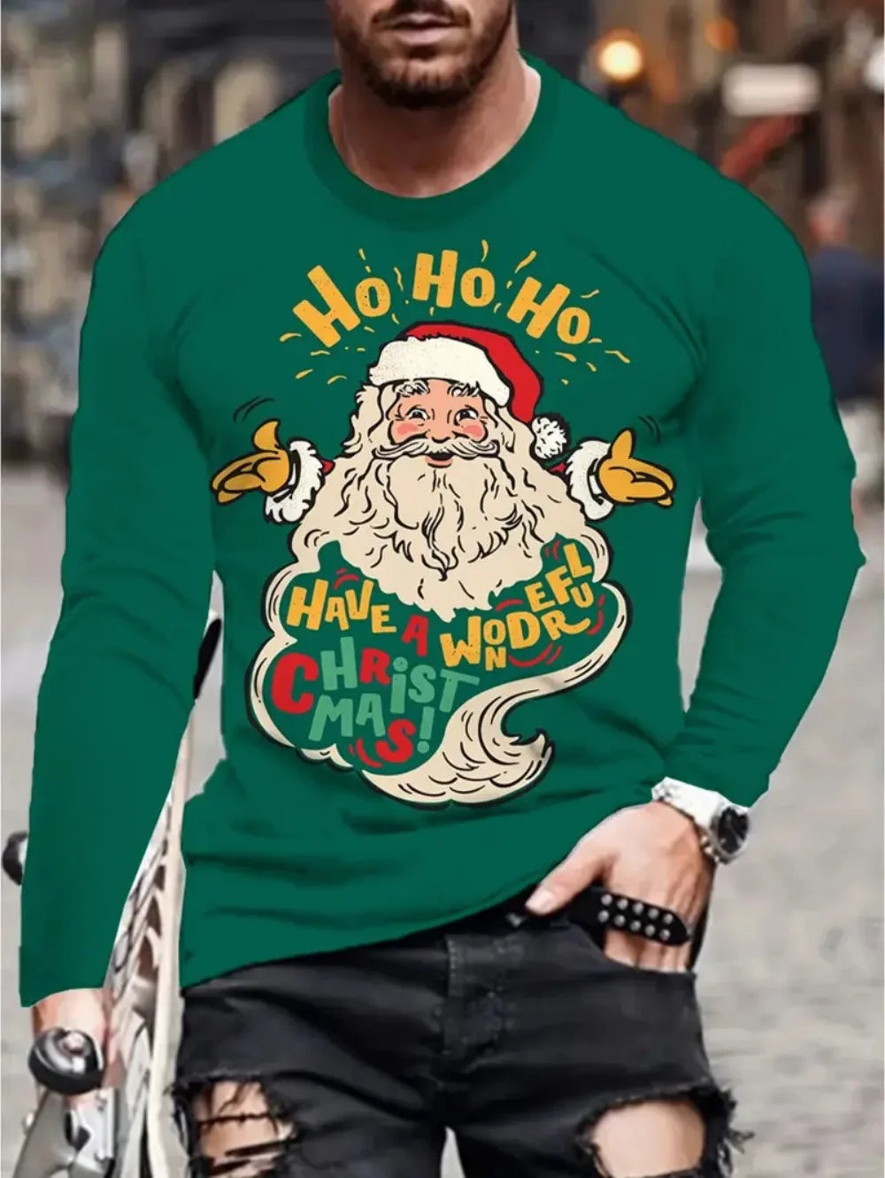 New Santa Claus Skateboarding Men's Long Sleeve T-shirt Trend Street Men's Clothing Funny Tee Spring And Autumn Casual Men's Top