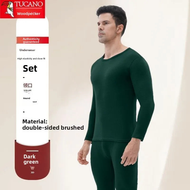 Woodpecker Autumn and Winter Double-sided Velvet Inner Warm Suit Men's Slim-fitting Bottoming Skin-friendly Warm Pajamas Man