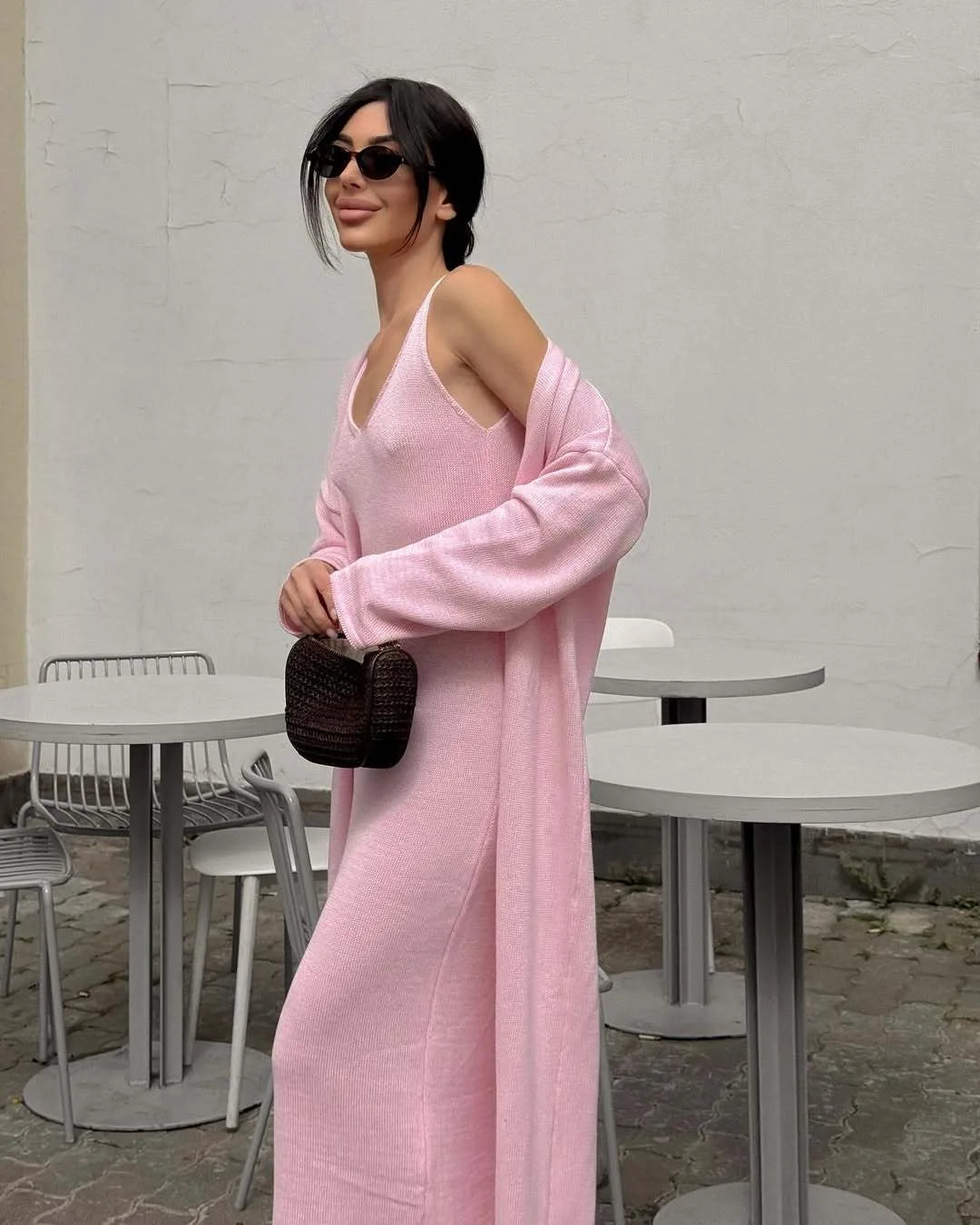 Hirsionsan Soft Loose Sets Women Two Pieces Long Sleeve Cardigan & Vest Dresses Elegant Female Hollow Outfits Cotton Tracksuit