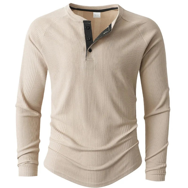 New Round Neck Long Sleeve Henley Bottoming Shirt T-shirt Vertical Stripe Men's POLO Shirt
