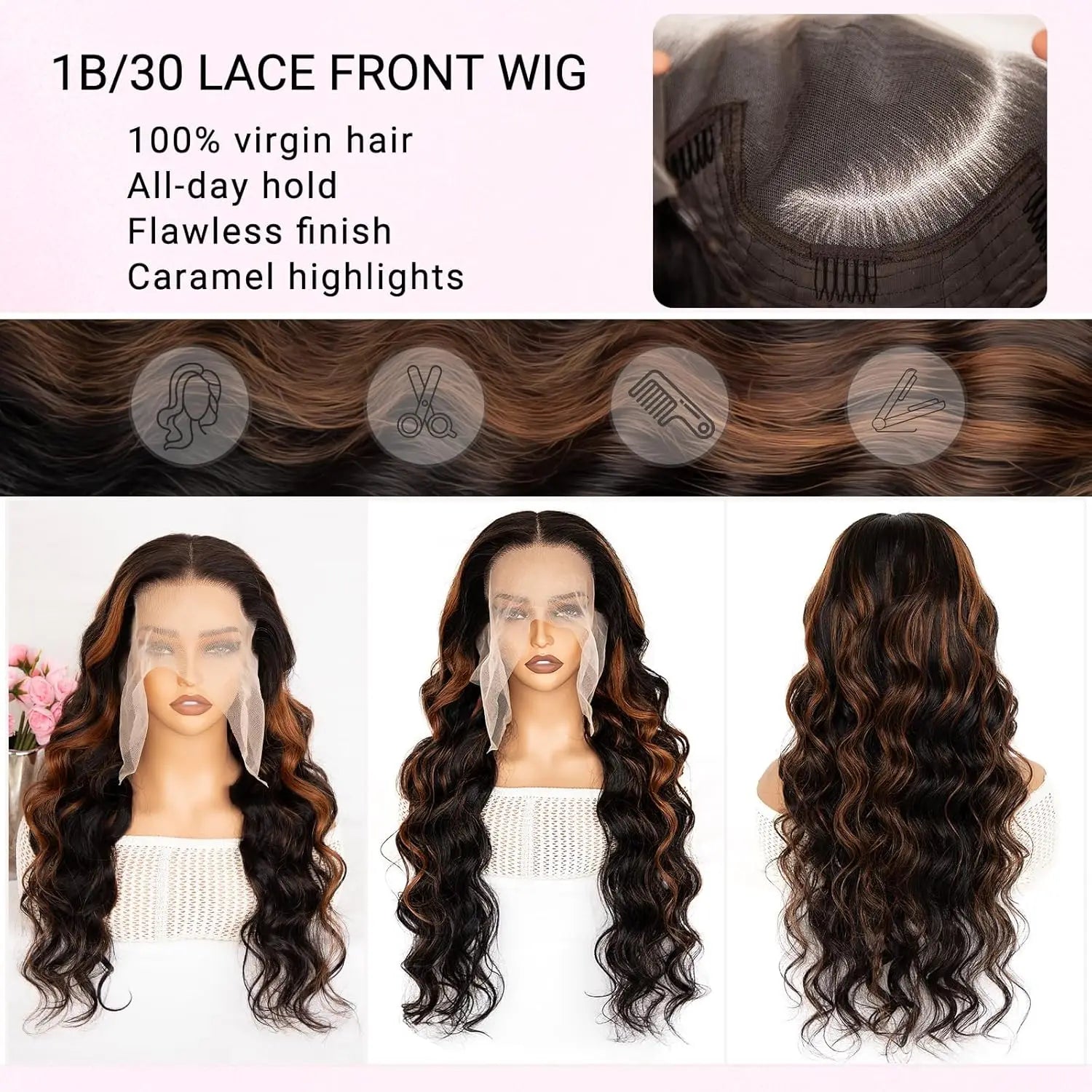 13x6 Highlight Ombre Lace Frontal Wig Human Hair 1B/30 Body Wave Lace Front Wigs 250% Density HD Transparent for Women 30Inch