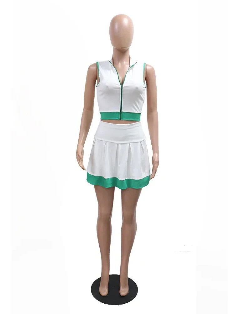 Leosoxs 2025 Women Sporty 2 Piece Sets Patchwork Zip-Up Vest+Pleated Skirt Matched Tracksuits Holiday Street Beach Outfits S-XXL