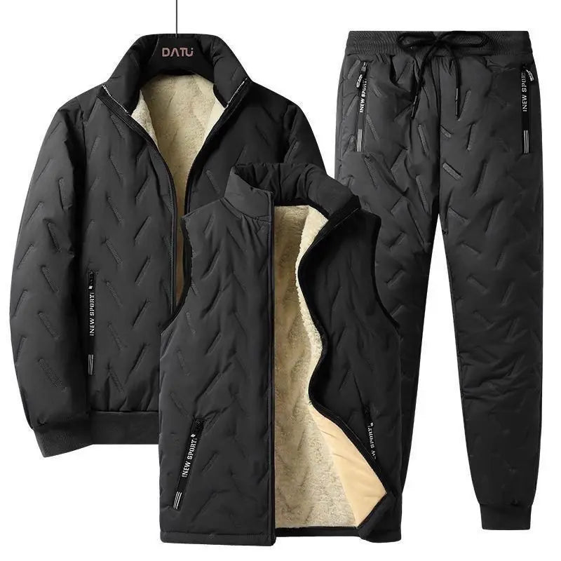 Autumn and Winter New Men's Thermal Three-piece Set Stand-up Collar Lamb Wool Vest Vest Jacket Ultrasonic Trousers