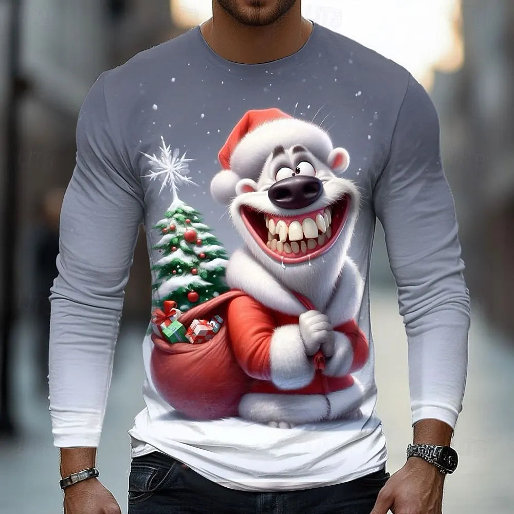 Funny White Bear Graphic T Shirt For Men Christmas Style Men's Long Sleeve Tee Spring Autumn Casual T-shirt Trend Men's Clothing
