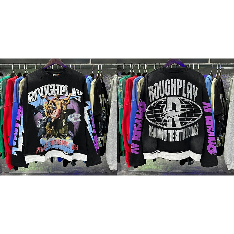 Roughplay Long-sleeved T-shirt Classic Y2K Helicopter Pilot Skull Print Washed Black Cotton T-shirt Tops Men Women Trendy New