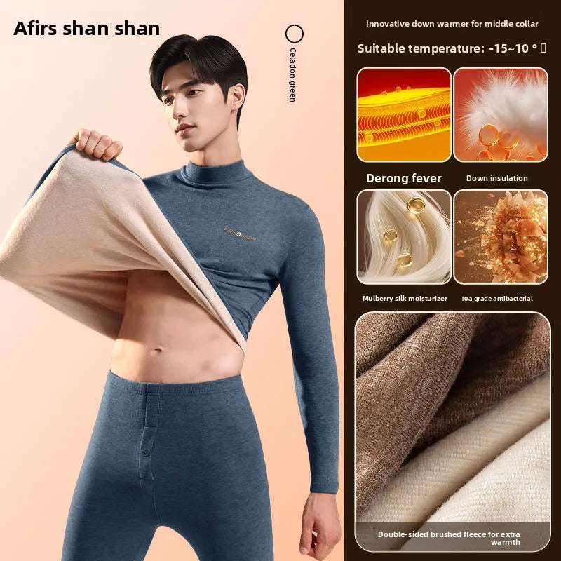 Velvet Thermal Underwear Men's Down Silk Suit Autumn Winter Velvet Thickened High Neck Long Johns Men Snow Peak Warm Pajamas