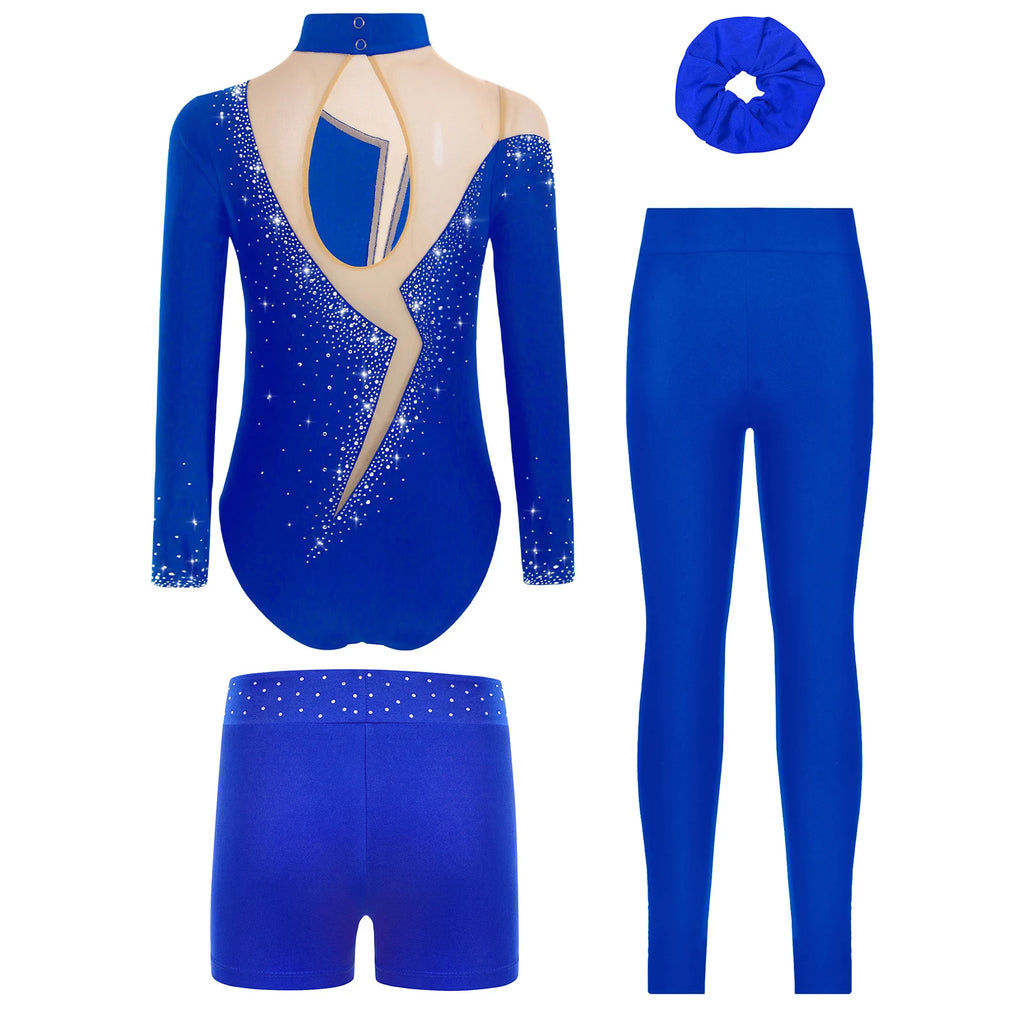 Kids Girls Ballet Gymnastics Dance Outfit Sports Tracksuits Elegant Keyhole Back Leotard with Matching Shorts for Yoga Fitness