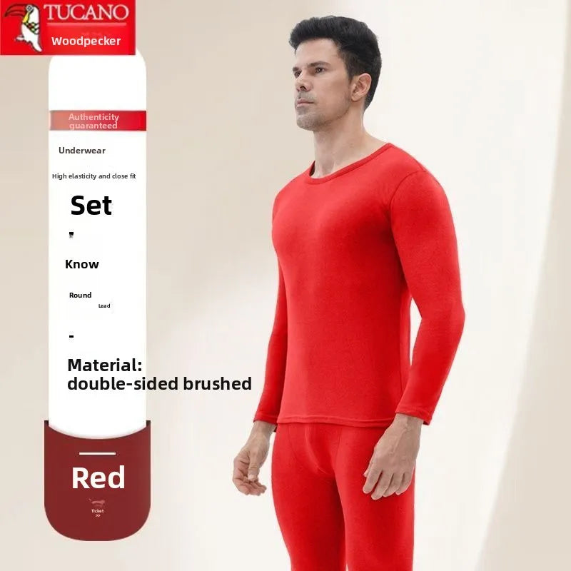 Woodpecker Autumn and Winter Double-sided Velvet Inner Warm Suit Men's Slim-fitting Bottoming Skin-friendly Warm Pajamas Man