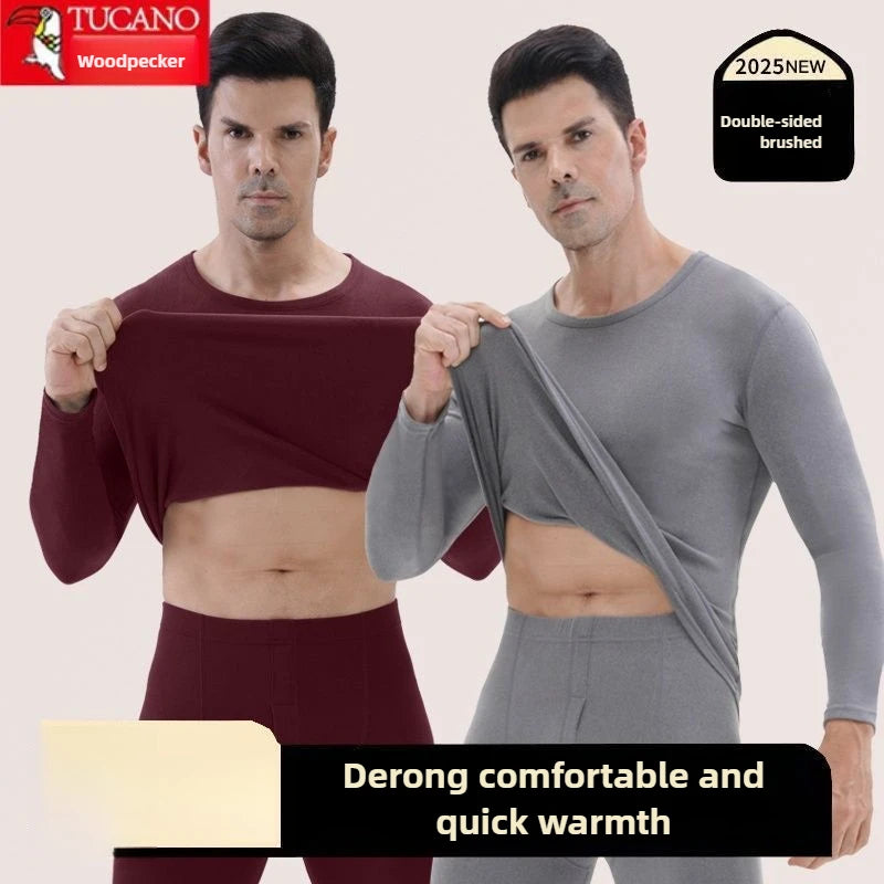 Woodpecker Autumn and Winter Double-sided Velvet Inner Warm Suit Men's Slim-fitting Bottoming Skin-friendly Warm Pajamas Man