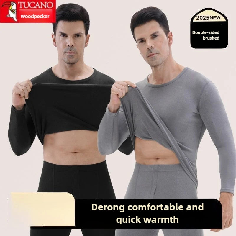Woodpecker Autumn and Winter Double-sided Velvet Inner Warm Suit Men's Slim-fitting Bottoming Skin-friendly Warm Pajamas Man