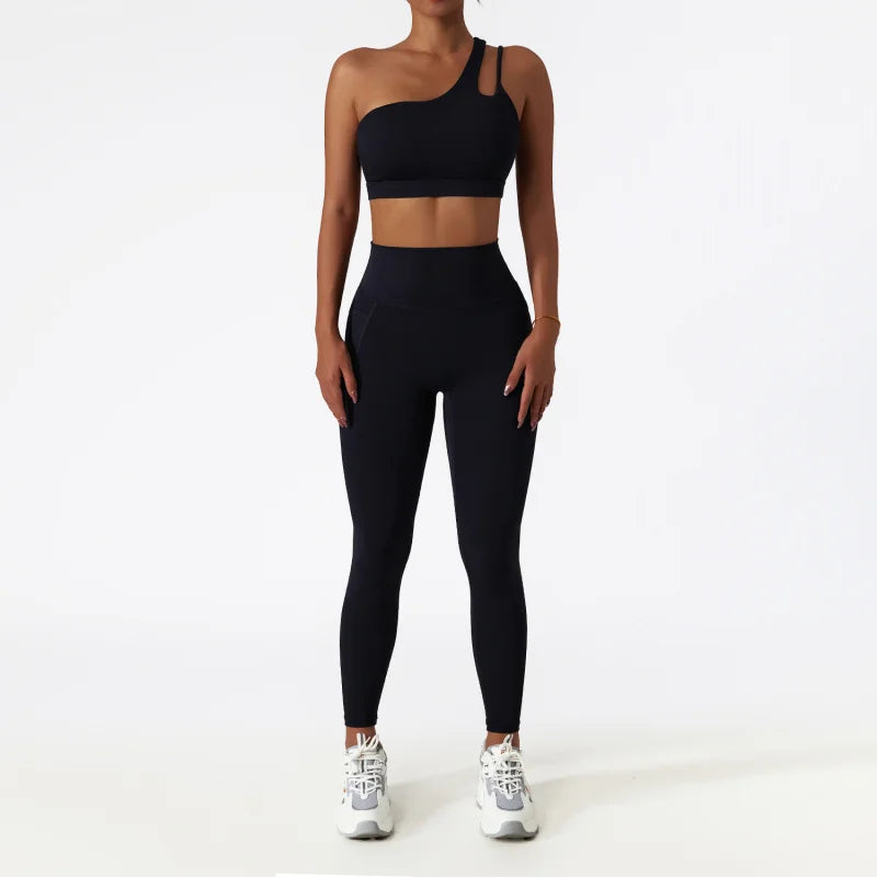 BIANHUI Sportswear Yoga Set Quick-Dry Tight Suit With Pocket Sports Women Tracksuits Asymmetric Shoulder Running Gym Leggings