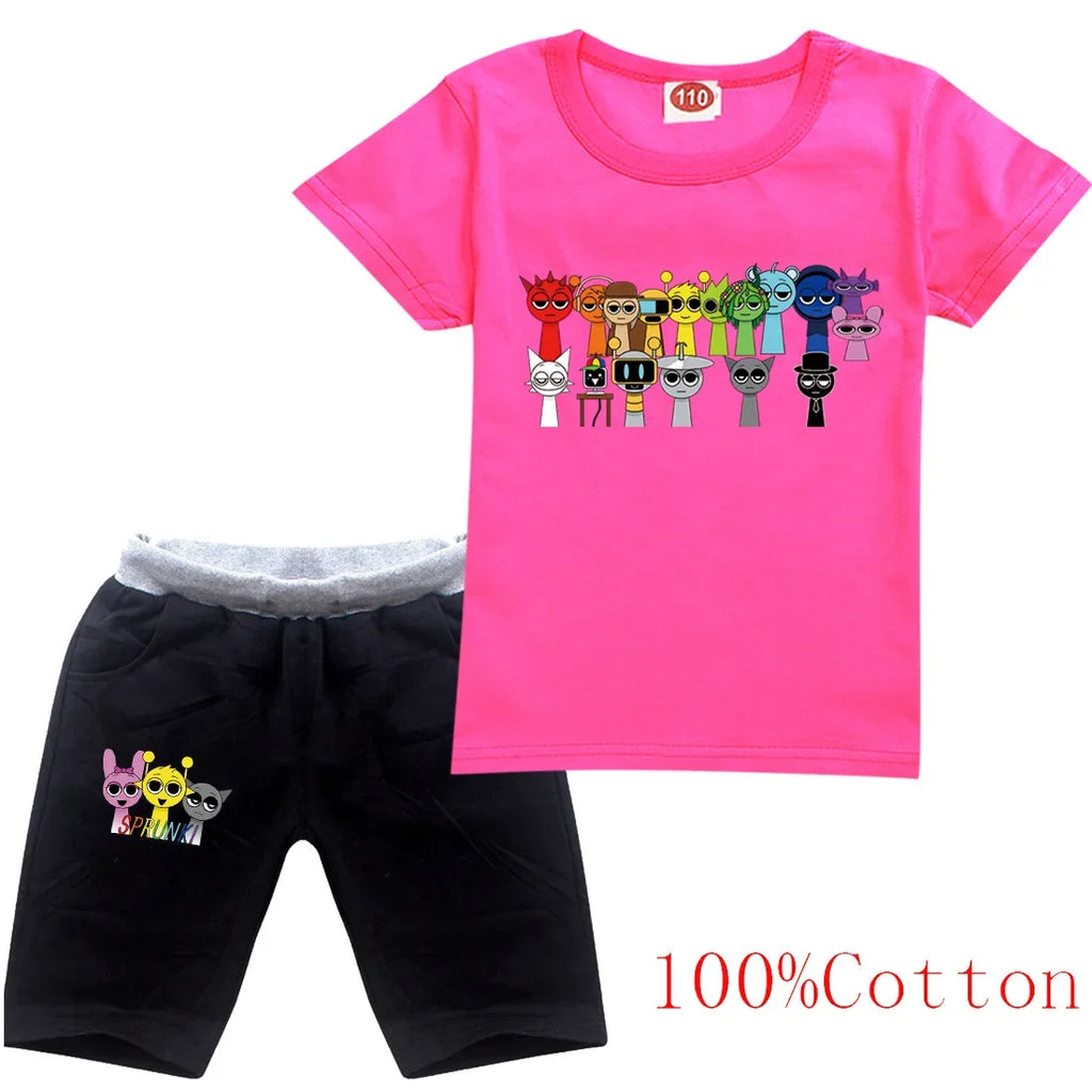 Cute Sprunki Clothes Sets 2025 Summer Kids Cartoon T-shirts Shorts Two-piece Set Baby Boys Tracksuit Girls Outfits