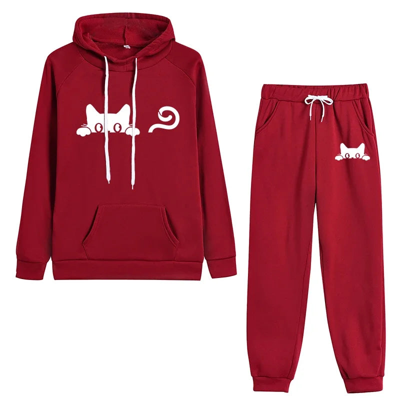 Hot-selling matching outfits for men and women, cute cat print casual hoodie set, daily fitness jogging pants set for men and wo