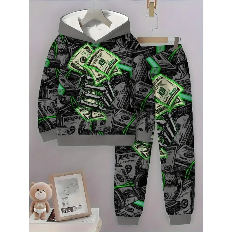 2025 Fashion 3D Printed Skull Money Pattern Casual Set Hooded Long Sleeve Hoodie and Pants Fashion Set Outdoor Activities