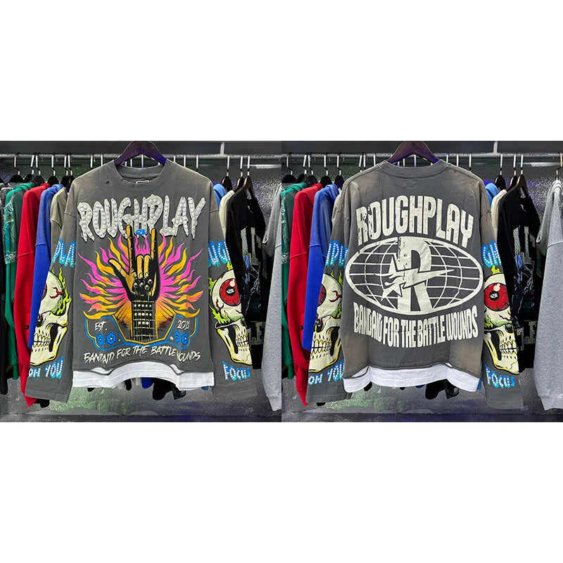 Roughplay Long-sleeved T-shirt Classic Y2K Helicopter Pilot Skull Print Washed Black Cotton T-shirt Tops Men Women Trendy New