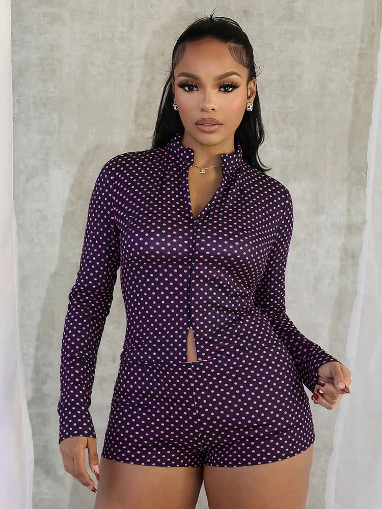 Cutenew Tracksuit Polka Dot Print 2 Piece Set Women Zip Crop Jacket+Shorts Matching Street Elastic Casual Fall Trend Outfits