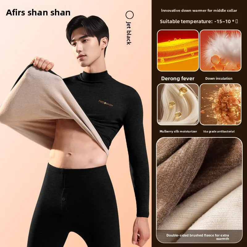 Velvet Thermal Underwear Men's Down Silk Suit Autumn Winter Velvet Thickened High Neck Long Johns Men Snow Peak Warm Pajamas