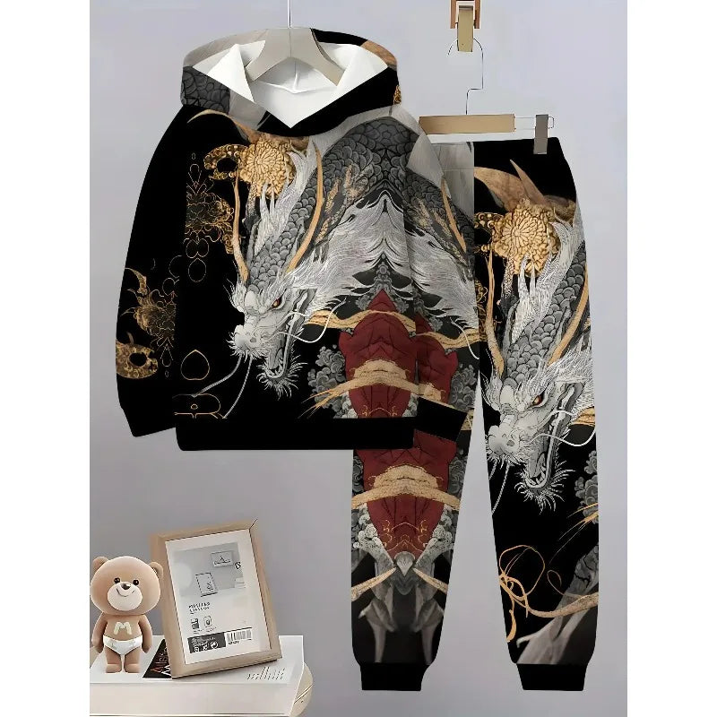 2025 3D Digital Animal Monkey Brown Bear Dragon Printed Hoodie and Sports Pants 2-piece Simple Fashion Casual Set