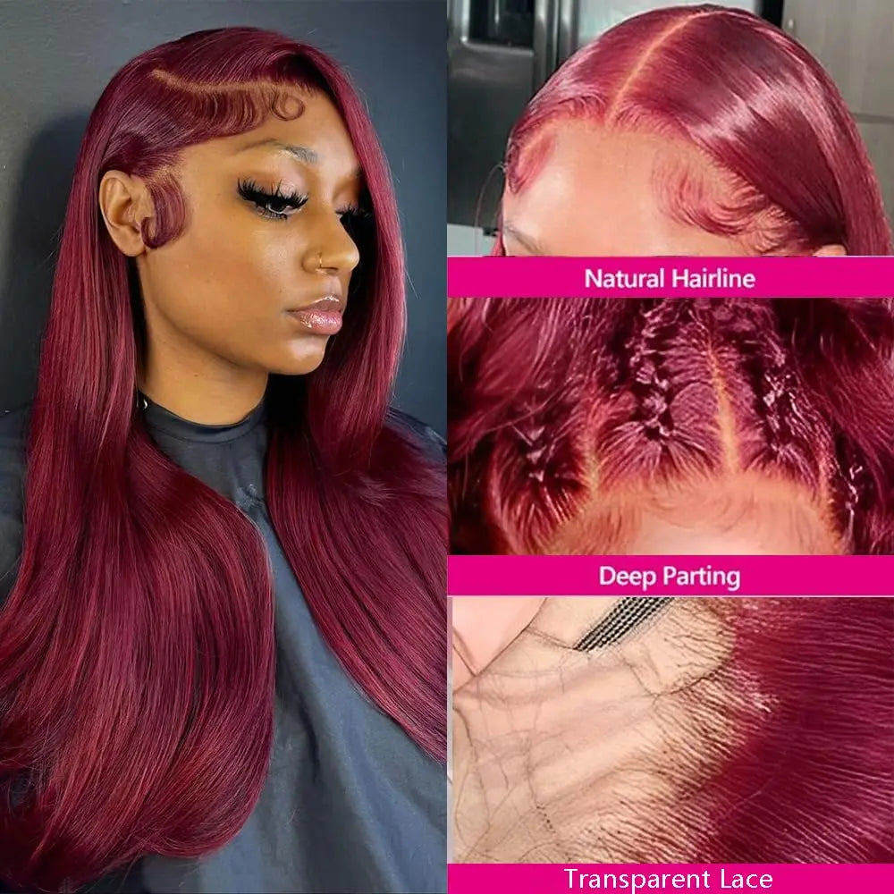 13x6 HD Lace Frontal Human Hair Wig Bone Straight Red 13x4 Lace Front Human Hair Wigs 99J Colored 100% Brazilian Human Hair Wig