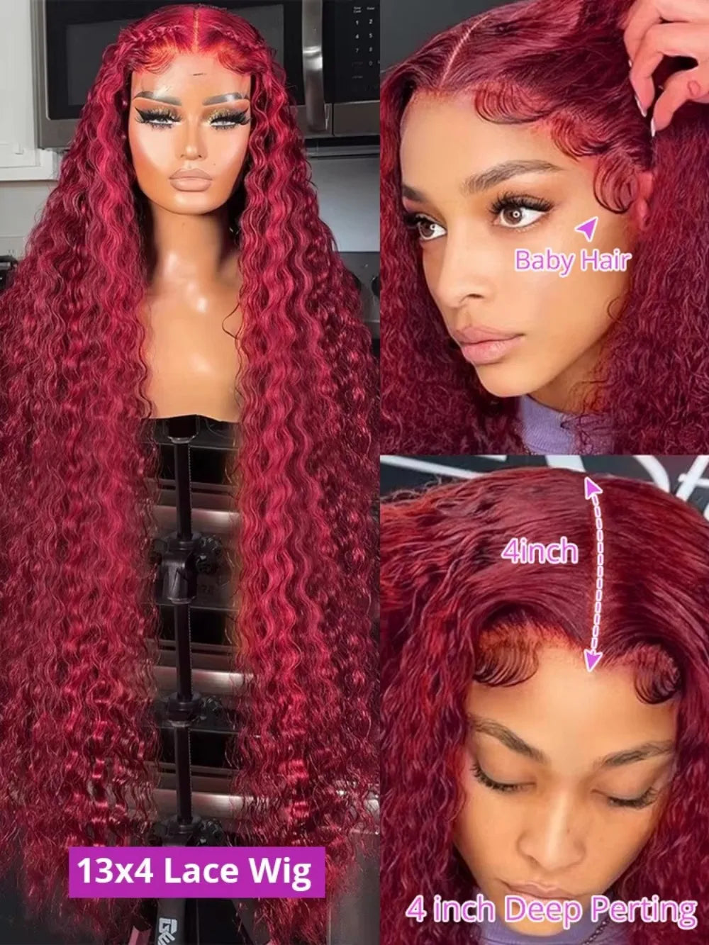 220% Density Deep Wave 99J Burgundy 13x6 Lace Frontal Wigs Brazilian Human Hair Water Curly Red Colored 13x4 Lace Frontal Wigs