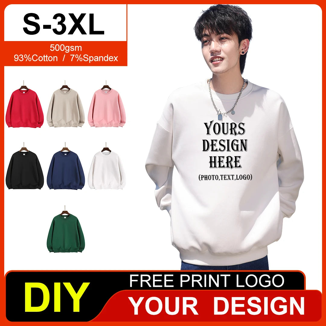 500gsm Cotton Men's Plush Thick O-Neck Sweatshirts Custom Print Logo Drop Shoulders Pullover Oversized Casual Women's Hoodies